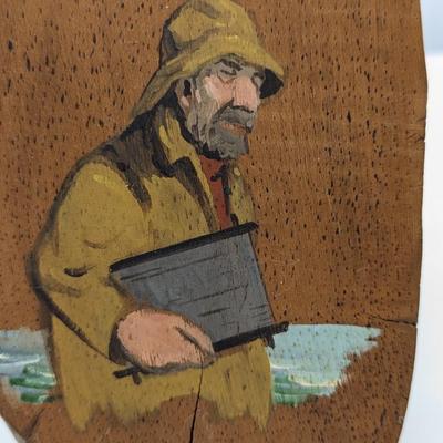 Hand Painted Wooden Plank Fisherman Signed Made In Bangor Maine