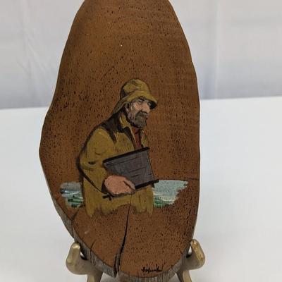 Hand Painted Wooden Plank Fisherman Signed Made In Bangor Maine
