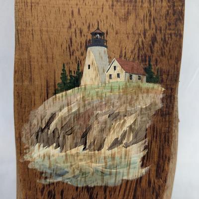 Hand Painted Lighthouse Scene On Wooden Plank Signed
