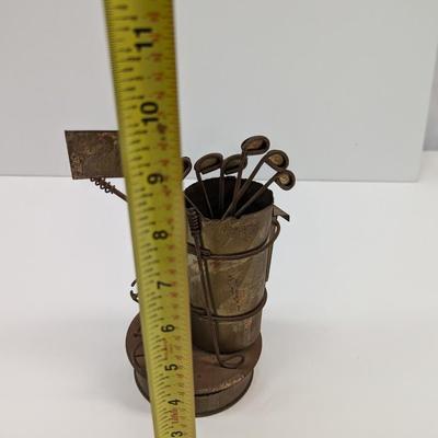 Rustic Musical Tin Golf Bag Cart Sculpture Wind Up Music Box