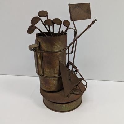 Rustic Musical Tin Golf Bag Cart Sculpture Wind Up Music Box