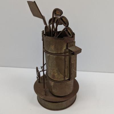 Rustic Musical Tin Golf Bag Cart Sculpture Wind Up Music Box