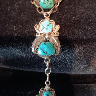 SIGNED "HBY" STERLING AND TURQUOISE SLAVE BRACELET HAND CHAIN