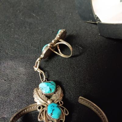 SIGNED "HBY" STERLING AND TURQUOISE SLAVE BRACELET HAND CHAIN