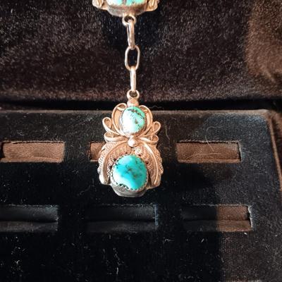 SIGNED "HBY" STERLING AND TURQUOISE SLAVE BRACELET HAND CHAIN