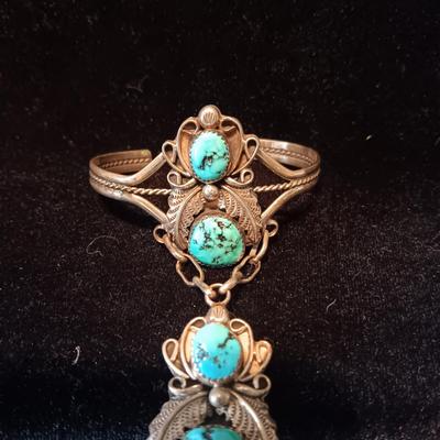 SIGNED "HBY" STERLING AND TURQUOISE SLAVE BRACELET HAND CHAIN