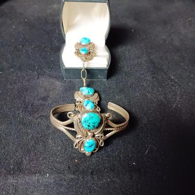 SIGNED "HBY" STERLING AND TURQUOISE SLAVE BRACELET HAND CHAIN