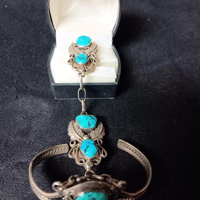 SIGNED "HBY" STERLING AND TURQUOISE SLAVE BRACELET HAND CHAIN