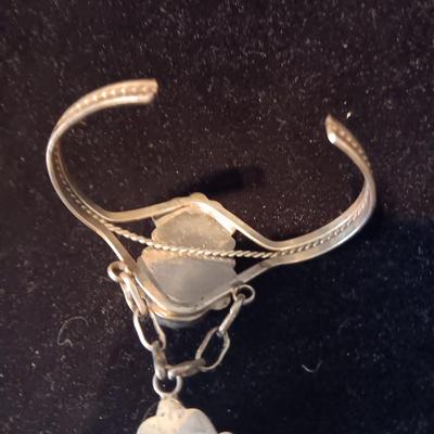 SIGNED "HBY" STERLING AND TURQUOISE SLAVE BRACELET HAND CHAIN