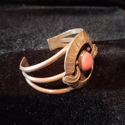 SIGNED "WP" STERLING AND CORAL CUFF BRACELET