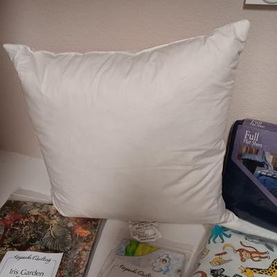 NEW FULL FLAT SHEET, FEATHERED THROW PILLOW AND 3 CRAFT KITS