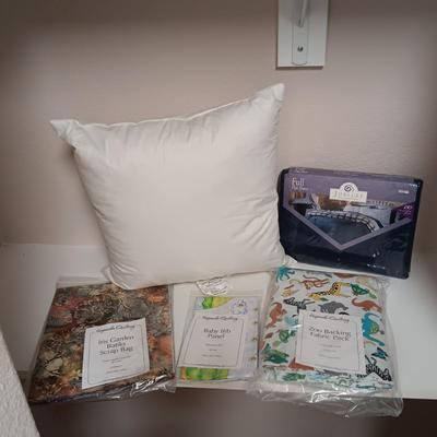 NEW FULL FLAT SHEET, FEATHERED THROW PILLOW AND 3 CRAFT KITS