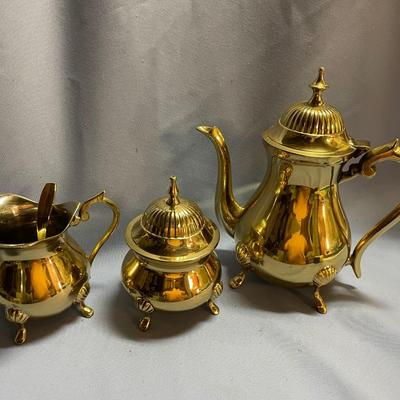 3 pc Vtg brass teapot set