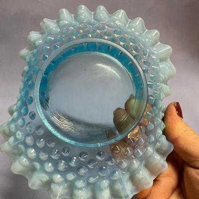 Fenton opalescent blue hobnail folded side ruffled dish