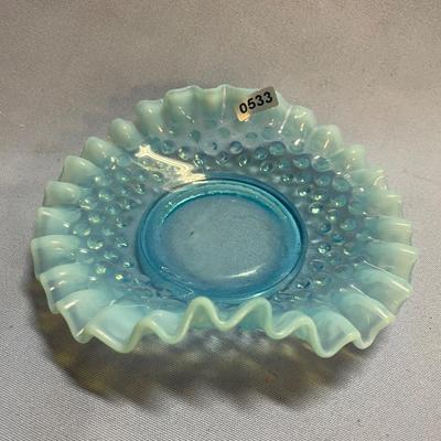 Fenton opalescent blue hobnail folded side ruffled dish