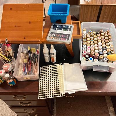 Painting Lot - Acrylic Paints, Brushes, Wooden Laptop Easel Desk, Etc.