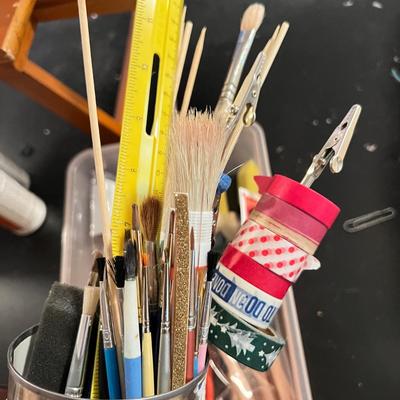 Painting Lot - Acrylic Paints, Brushes, Wooden Laptop Easel Desk, Etc.
