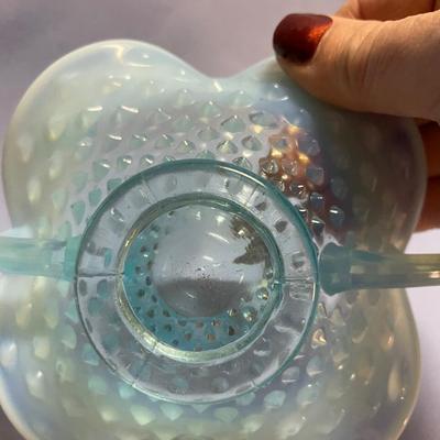 Fenton hobnail glass opalescent dish with double handles