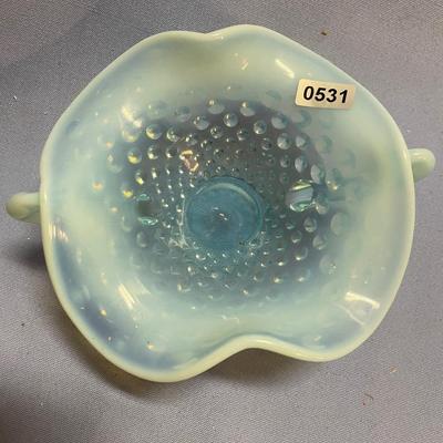 Fenton hobnail glass opalescent dish with double handles