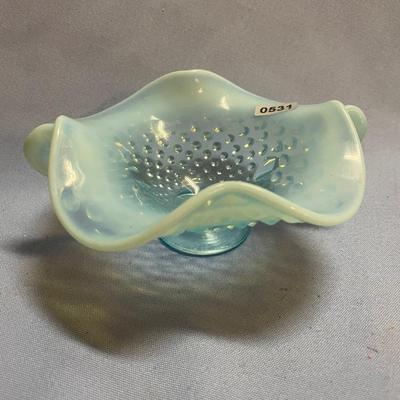 Fenton hobnail glass opalescent dish with double handles