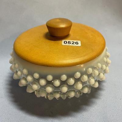 Fenton hobnail opalescent powder duster jar w/ wooden lids