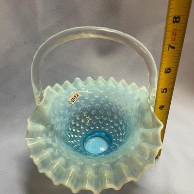 Fenton blue hobnail ruffled edge glass basket