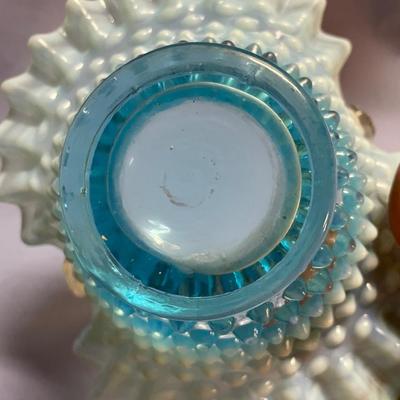 Fenton blue hobnail ruffled edge glass basket