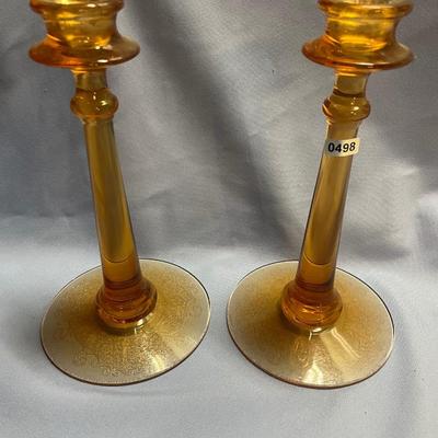 Fostoria etched amber candlesticks