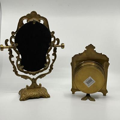 839 Brass Pedestal Mirror and Decorative Brass Clock