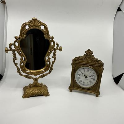 839 Brass Pedestal Mirror and Decorative Brass Clock