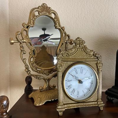 839 Brass Pedestal Mirror and Decorative Brass Clock