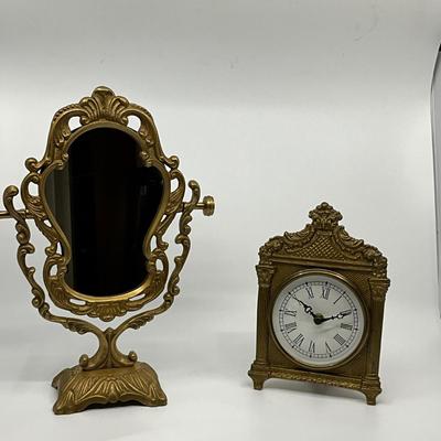 839 Brass Pedestal Mirror and Decorative Brass Clock