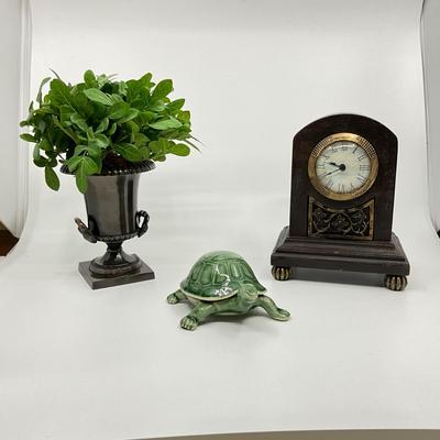 843 Decorative Turtle Dish with Faux Greenery and Desk Clock