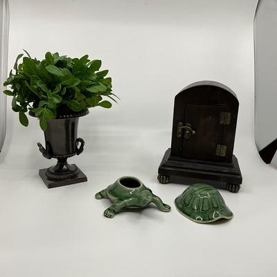 843 Decorative Turtle Dish with Faux Greenery and Desk Clock