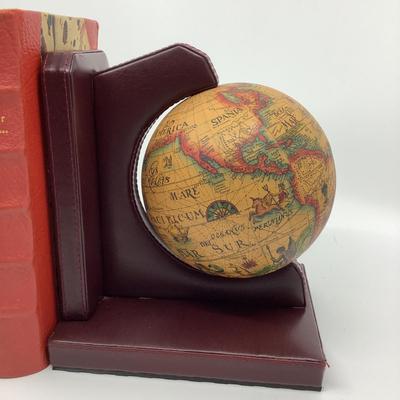 908 Pair of Faux Leather Globe Bookends with Book Box