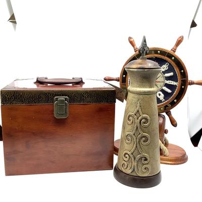 915 Shipswheel Clock , Wooden box, Ceramic Wood Covered Urn