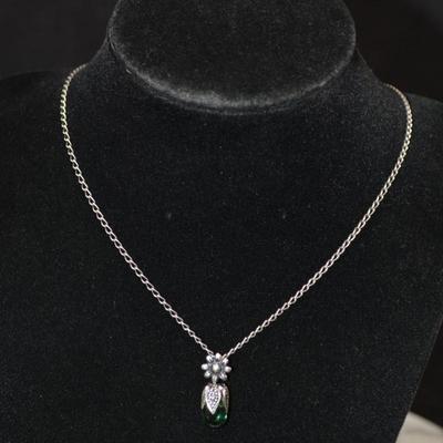 925 Sterling Green Glass Pendant w/ 925 Chain 18”, 2.4g