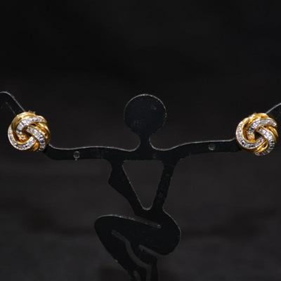 Gold-Tone 925 Sterling Stud Earrings w/ Diamond Chips 2.2g