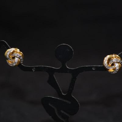 Gold-Tone 925 Sterling Stud Earrings w/ Diamond Chips 2.2g