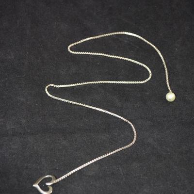 925 Sterling Heart Lariat Necklace w/ Cultured Pearl 20”, 3.4g