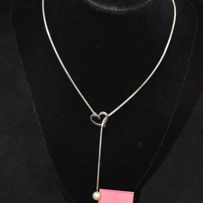925 Sterling Heart Lariat Necklace w/ Cultured Pearl 20”, 3.4g