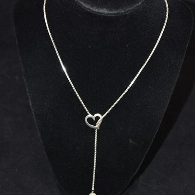 925 Sterling Heart Lariat Necklace w/ Cultured Pearl 20”, 3.4g