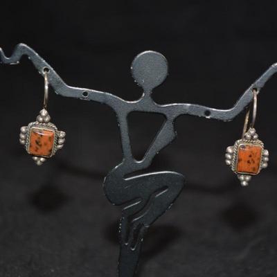 925 Sterling w/ Mahogany Agate Drop Earrings 2.1g