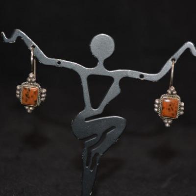 925 Sterling w/ Mahogany Agate Drop Earrings 2.1g