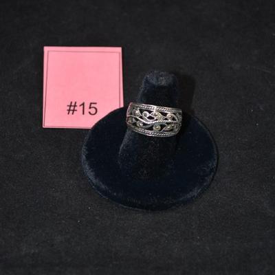 Vintage 925 Sterling Marcasite Filigree Ring Size 7, 3.6g