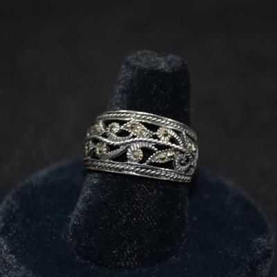 Vintage 925 Sterling Marcasite Filigree Ring Size 7, 3.6g