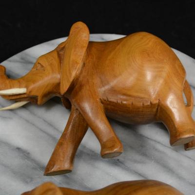 Pair of Carved Wooden Elephants w/ Bone Tusks, Africa 8”/7”