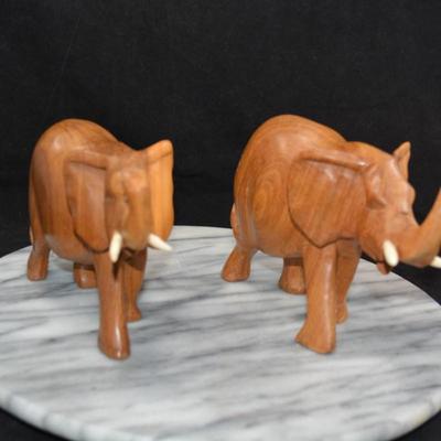 Pair of Carved Wooden Elephants w/ Bone Tusks, Africa 8”/7”