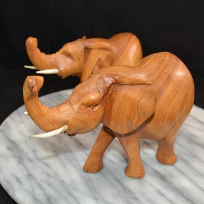 Pair of Carved Wooden Elephants w/ Bone Tusks, Africa 8”/7”