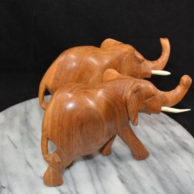 Pair of Carved Wooden Elephants w/ Bone Tusks, Africa 8”/7”